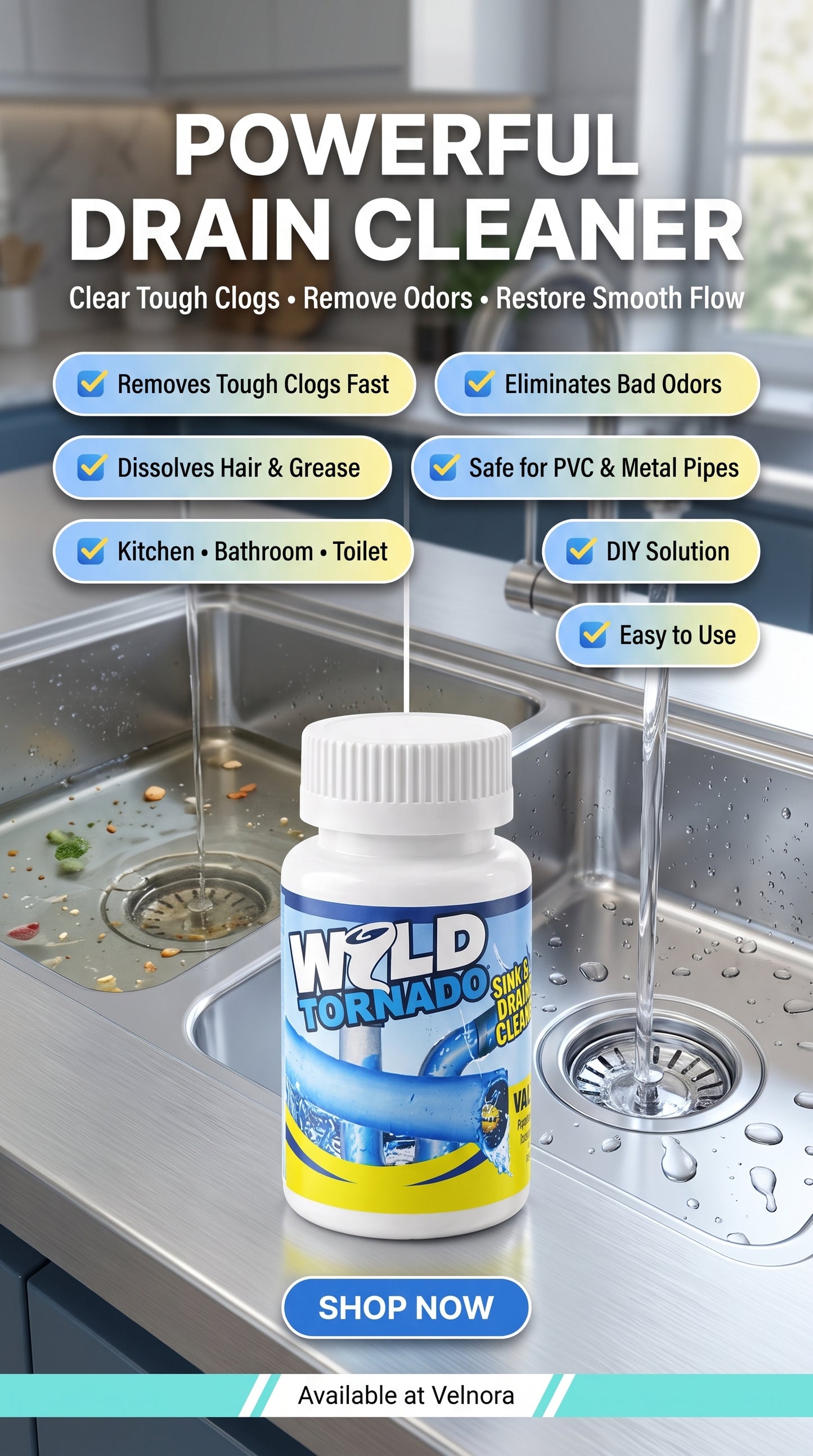 Wild Tornado Powerful Sink & Drain Cleaner | Fast-Acting Hair, Grease & Odor Remover for Kitchen, Bathroom & Toilet